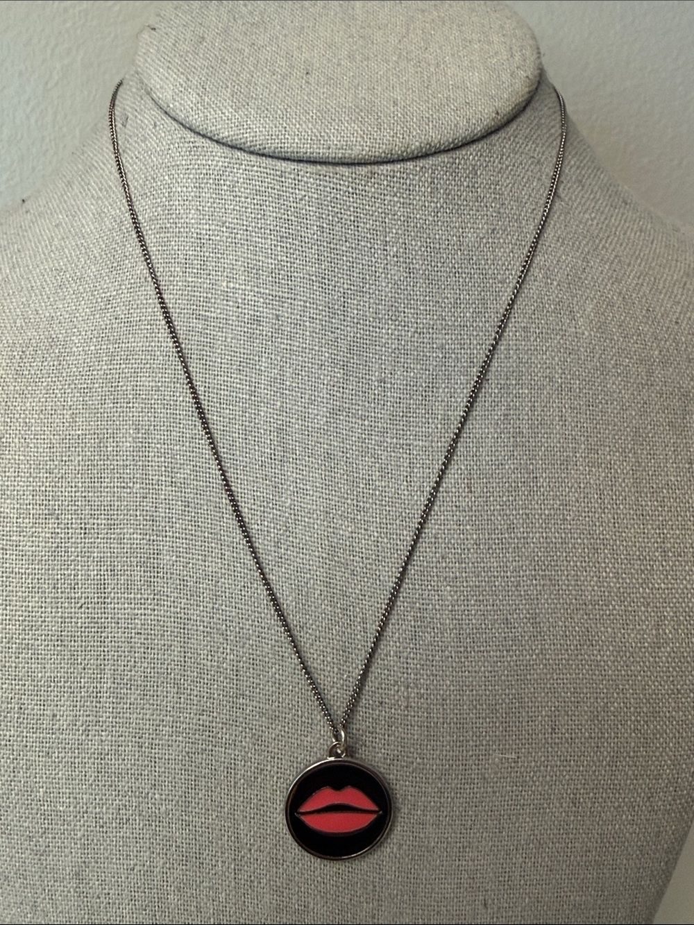 Christian Dior Lip Pendant Necklace Silver Tone Logo Charm 15.7" Vintage